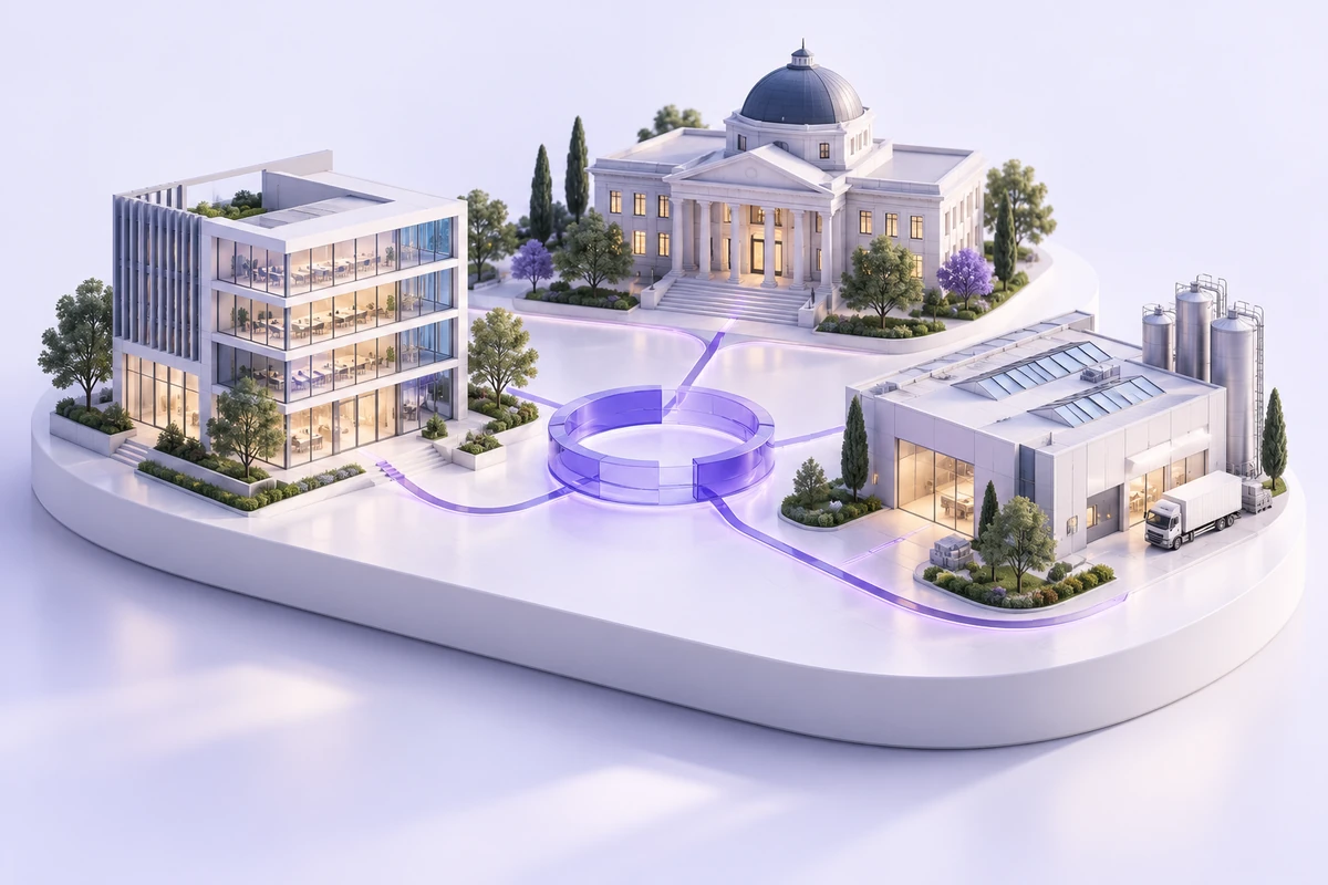 Ilustración conceptual de organizaciones de distintos sectores conectadas por la tecnología