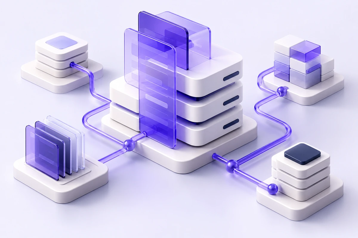 Ilustración conceptual de módulos de software conectados y gestión de la información